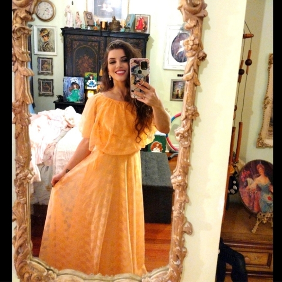 🧡 Rare Vintage 1970 ILGWU NWT Romantically orange hostess full length dress - Picture 5 of 10